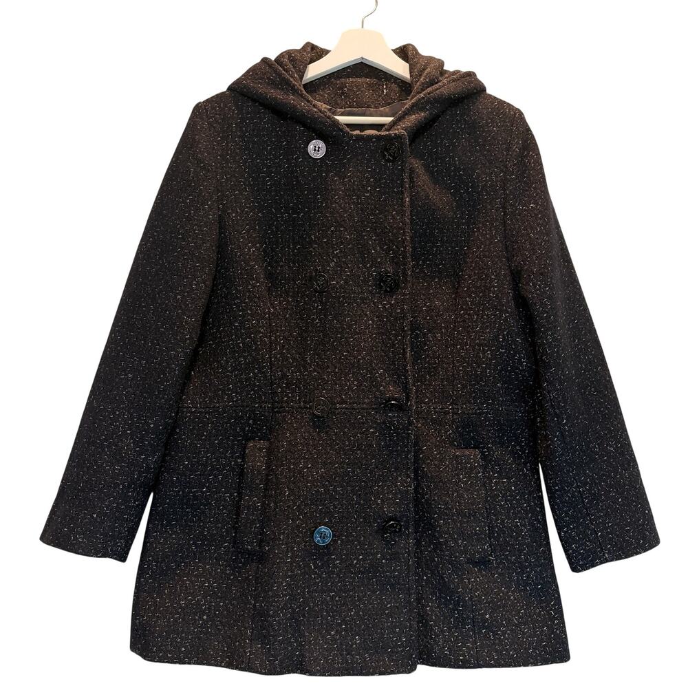 Vintage Jacket Womens Large Black Hooded Peacoat Double Breasted Winter Coat